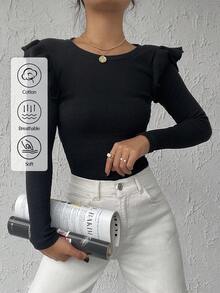 SHEIN Tall 高个子尺码 95% 棉 纯黑色 罗纹针织 荷叶边 休闲长袖T恤 - 黑色 - 查看 1