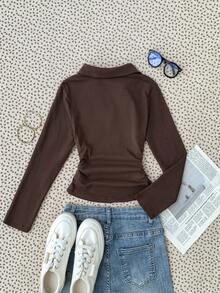 SHEIN 少女棕色针织长袖T恤，时尚百搭休闲基础款 - 棕色 - 查看 2