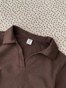 SHEIN 少女棕色针织长袖T恤，时尚百搭休闲基础款 - 棕色 - 查看 3