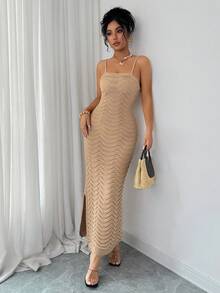 Elenzga Women's Sexy Hollow-Out Camisole Bodycon Dress - Khaki - View 1