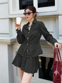 K-Vae Women's Full Denim Blue Retro Old Style Shorts Suit, Long-Sleeved Single-Breasted Top And Pleated Skirt Casual Denim Suit,Homecoming Clothes , Going Out Outfits ,Business Casual Woman - Black - View 6