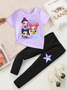 SHEIN Playful Pals 春夏休闲时尚创意个性化清新可爱卡哇伊酷炫虚拟少女组合卡通人物彩色五角星标志标语印花舒适基础款短袖T恤和打底裤套装，温暖的夏秋款式，适合女童 - 彩色 - 查看 4