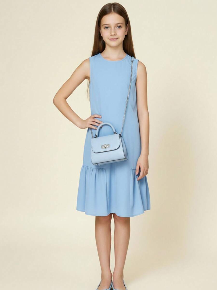 Tween Girls' Casual Blue Dress, Versatile Fashionable Summer Outfits, Inspired By Spring And Summer Styles, Shorts And Tops Sets - Baby Blue - View 1
