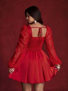 Viva Relle Plus Size Elegant Contrast Lace Square Collar Waist Cinched Dress, Autumn