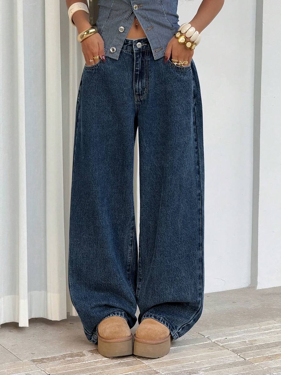 SHEIN PETITE 女士宽松版型带口袋阔腿休闲牛仔裤 - 藍色 - 查看 1