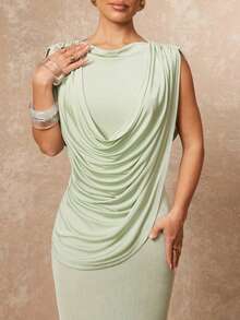 Lumalex Elegant Sage Green Summer Party Dress For Women,High-End Knitted Ruched Draped Waist Fitted Slim Luxury Gala Night Wedding Prom Graduation Gown - Olive Green - View 8