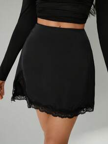 SHEIN Tall Black Satin Contrast Lace Trim Slit Sexy & Elegant Fitted Women's Skirt Summer Outfits For Women Sexy Skirt For Women Summer Outfits For Women Split Thigh Skirt Black Skirt Mini Black Short Skirt - Black - View 11