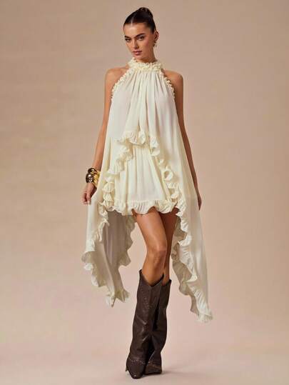 SHEIN BAE Elegant High Collar Ruffle Chiffon Blouse & Asymmetric Ruffle Hem Mini Skirt 2 Pieces Set, Suitable For Evening Party, Wedding, Guest, Bridesmaid, Cocktail Party, Summer, Spring