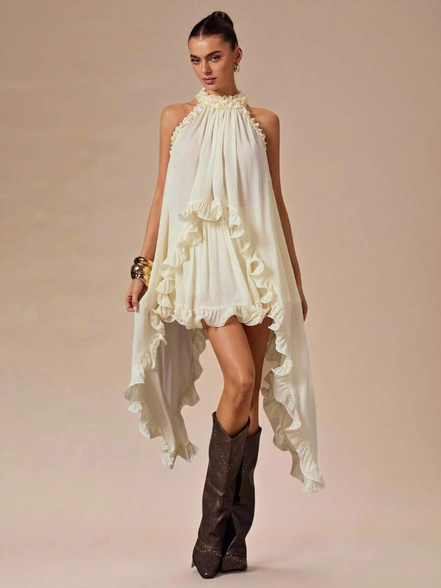 SHEIN BAE Elegant High Collar Ruffle Chiffon Blouse & Asymmetric Ruffle Hem Mini Skirt 2 Pieces Set, Suitable For Evening Party, Wedding, Guest, Bridesmaid, Cocktail Party, Summer, Spring