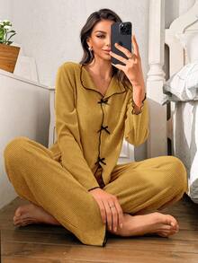 SHEIN 女士罗纹磨毛V领蝴蝶结长袖长裤睡衣套装，秋冬款 - 黃色 - 查看 5