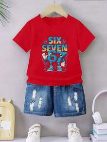 Áo thun tay ngắn họa tiết chữ "67" thời trang thường ngày thoải mái, tối giản, đa năng, sáng tạo, hài hước, nhân cách hóa tia chớp, dành cho bé trai tuổi teen, xuân/hè - Đỏ - Xem 3