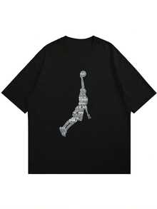 Versatile Baggy Short Sleeve T-Shirt With Fun Basketball Print, Ideal For Vacation, Work And Use - Black 11 - View 3