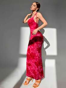 Aloruh Vestido de verano elegante con estampado floral y espalda descubierta para mujer - Rosa Fucsia - Ver 4