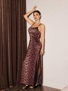 Slumberist Gold Leopard Print Satin Hollow-Out Lace Patchwork Sexy Women Camisole Nightgown - Multicolor - View 1