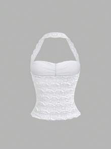 Sweetra New Fashionable Y2K Jacquard Fabric Bow Tie Halter Neck Casual Beach Daily Versatile Women Tank Top, Spring/Summer - White - View 2