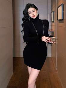 DAZY Women's Autumn Patchwork Fuzzy Cuff Bodycon Dress, Back To School Season Y2k - Black - View 4