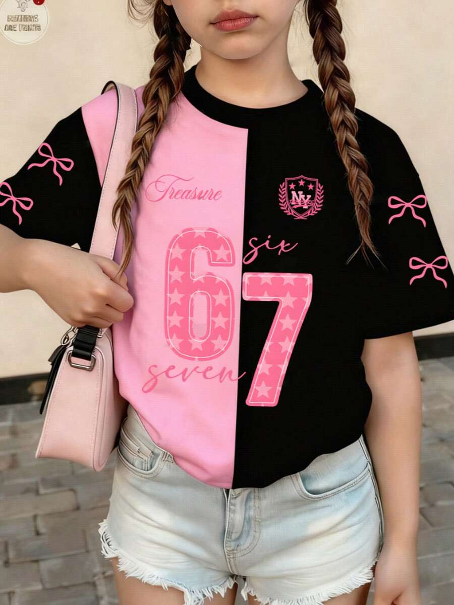 SHEIN 1件装少女休闲简约67标语和星星印花短袖圆领T恤,四季皆宜,适合17岁女孩,可爱女童针织上衣,7T女童T恤 - 彩色 - 查看 1