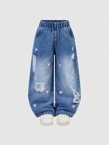 SHEIN Cute Heart Embroidered Loose Fit Distressed Denim Wide Leg Jeans, Suitable For Daily Wear And School - Medium Wash - View 1