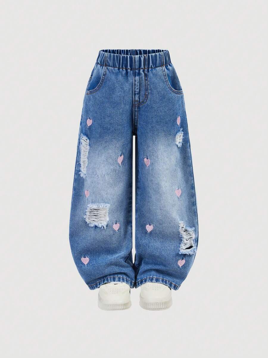 SHEIN Cute Heart Embroidered Loose Fit Distressed Denim Wide Leg Jeans, Suitable For Daily Wear And School - Medium Wash - View 1
