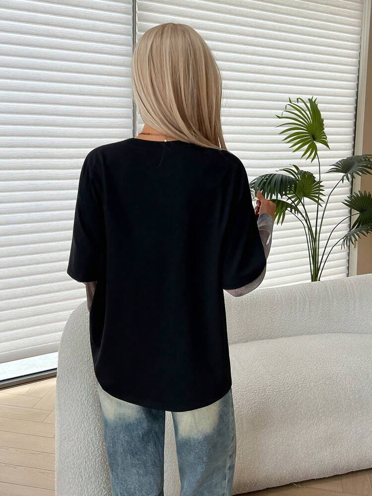 Women's Casual Colorblock Slogan Print T-Shirt, Autumn Y2k Graphic Tees Women