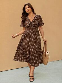 Elaquor Đầm dự tiệc cỡ lớn in chấm bi, thắt nút xoắn, kiểu dáng thường ngày, thích hợp cho kỳ nghỉ. - Cà phê nâu - Xem 3