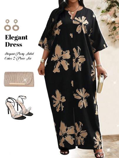 Fleurora Plus Size Women V-Neck Floral Print Split Casual Loose Vacation Dress