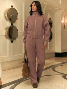 GLOWMODE Everyday Fleece Warmth Whisperer Soft Warm Lightweight Front Back Seam Detailing Pockets Batwing Sleeve High Neckline Full-Zip Jacket Autumn Winter Daily Casual - Warm Clay - View 7