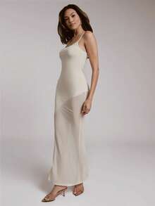 Hauture 女士简约日常外出柔软优雅性感长款网纱吊带裙 - 象牙白色 - 查看 3