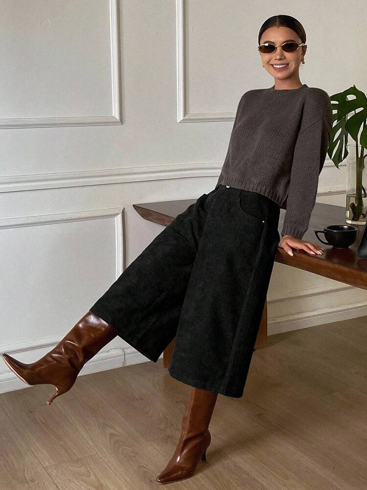 Women's Solid Color Corduroy Capri Length Casual Retro Pants, Autumn/Winter Y2k
