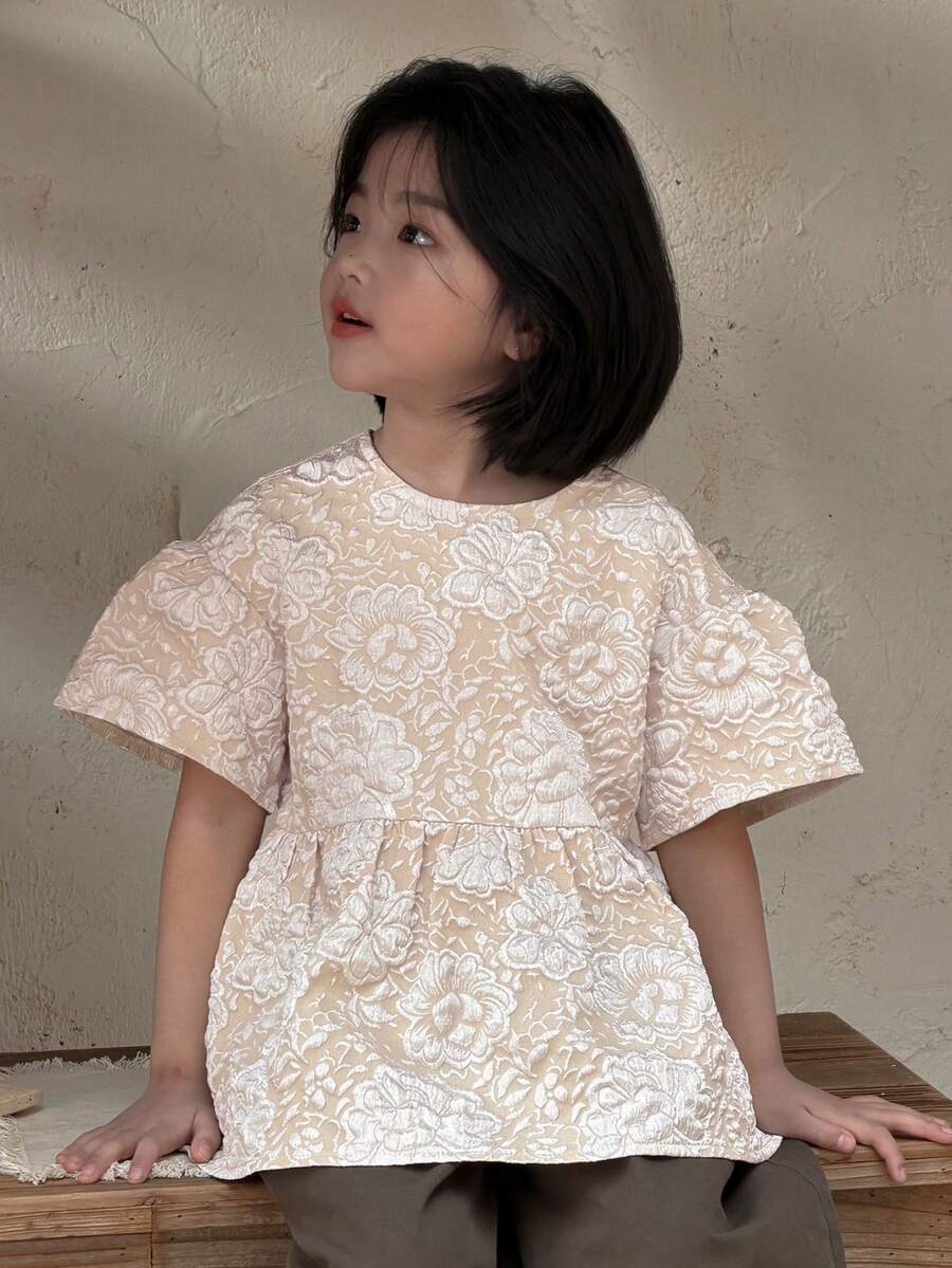 DAZY Young Girls Textured Puff Sleeve Short Sleeve Blouse, Fall Clothes Spring - Apricot - View 1