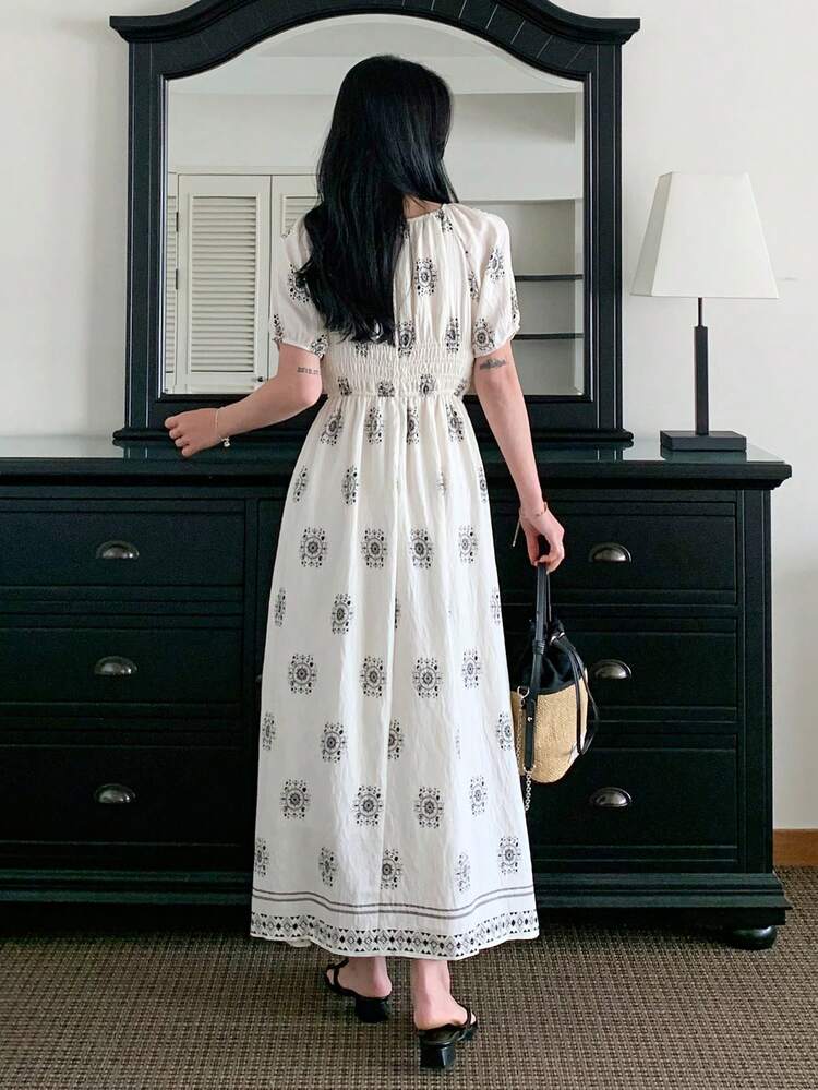Women's Off-Shoulder Loose Waist Full Print Midi Dress, Boho Style Summer Sundress Floral Dresses For Women