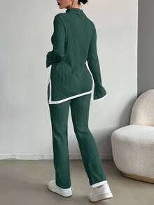 EURMUSE Cotton Contrast Binding Split Hem Tee & Pants - Dark Green - View 2