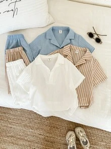 SHEIN 6件套 男童/女童春夏纯色条纹领短袖梭织衬衫短裤套装，舒适休闲百搭日常服装 - 彩色 - 查看 3