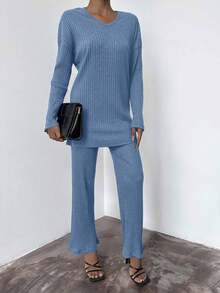 SHEIN Cottnline Women's Solid Rib Knit Two Piece Set - Royal Blue - View 4