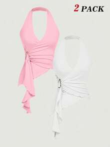 SHEIN MOD 2pcs Casual Halter Tie Metal Buckle Fitted Asymmetric Hem Camisole