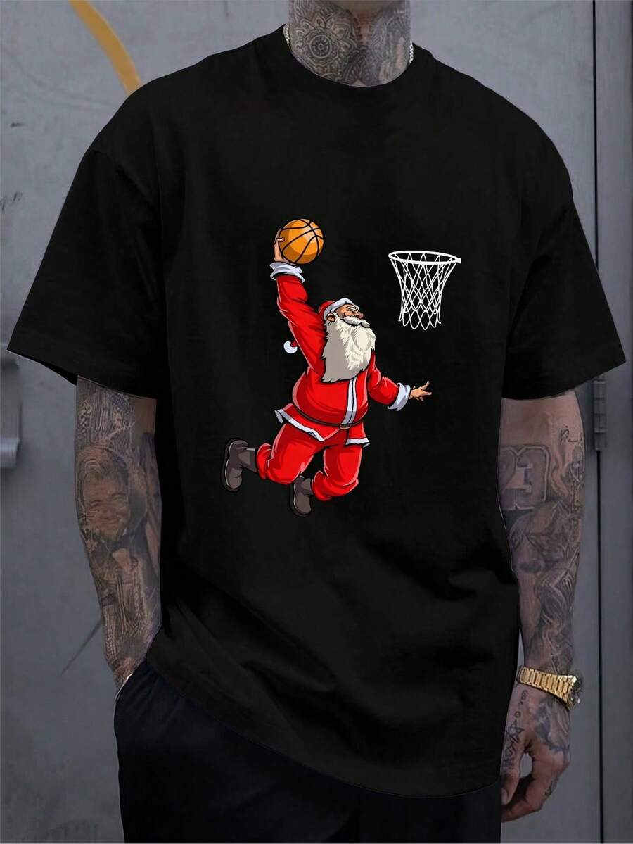 Versatile Baggy Short Sleeve T-Shirt With Fun Basketball Print, Ideal For Vacation, Work And Use - Black 3 - View 1