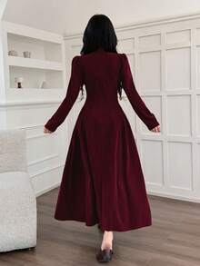 Feyla 法式复古方领灯芯绒长袖连衣裙，初秋流行款式 - 酒紅色 - 查看 6