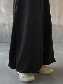 FRIFUL 女士休闲日常通勤简约纯色弹力腰宽松阔腿裤 - 黑色 - 查看 6
