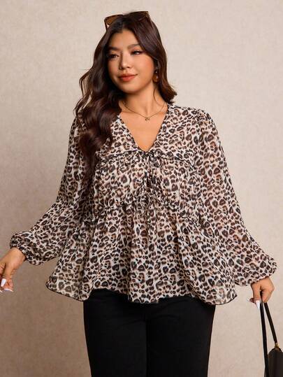 Elaquor Plus Size Fashionable Commuter Leopard Print Lantern Sleeve Shirt Arabian