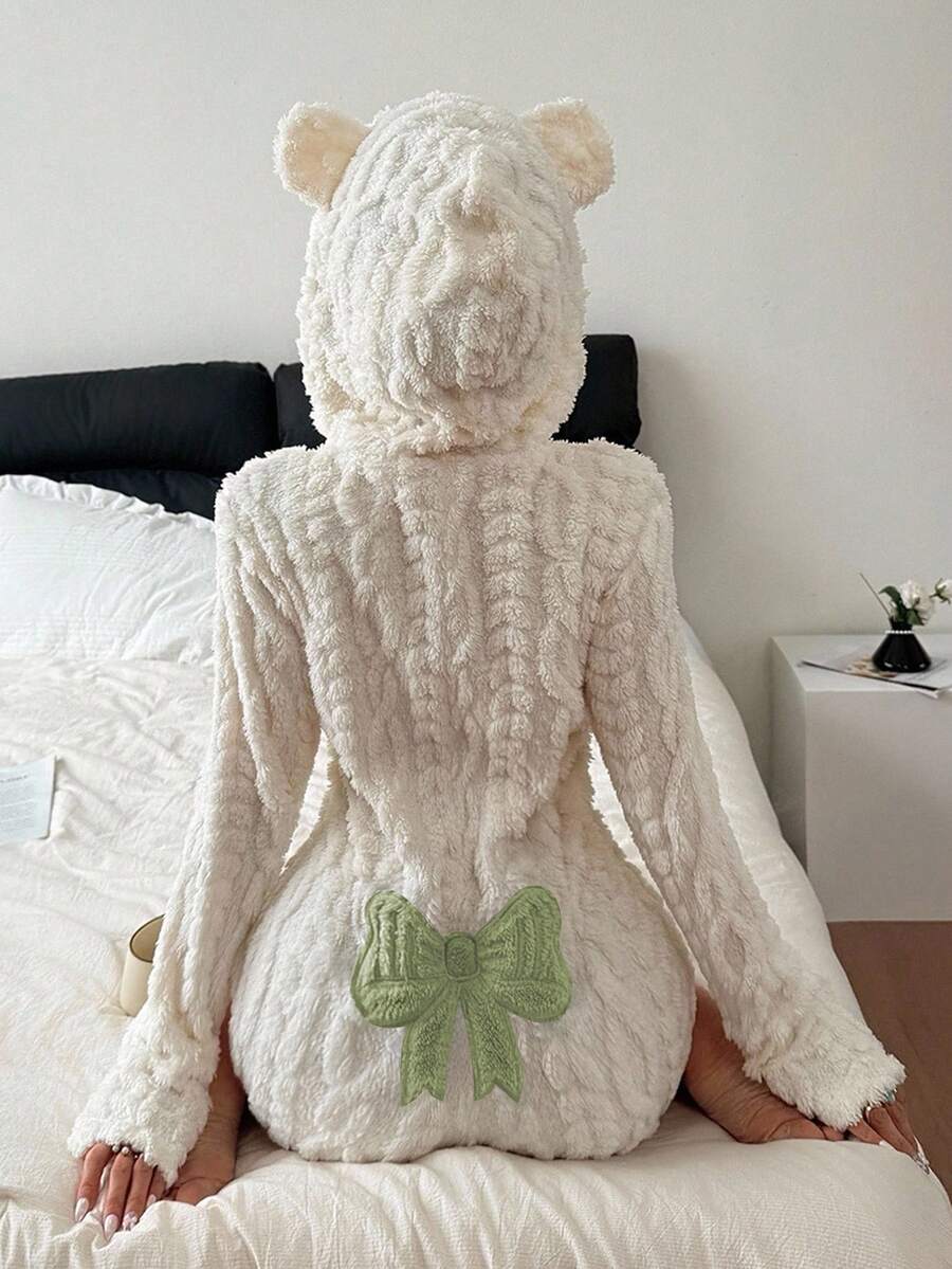 Dream Adore 动物造型连帽蝴蝶结提花抓绒女士连体睡衣 - 綠色 - 查看 1