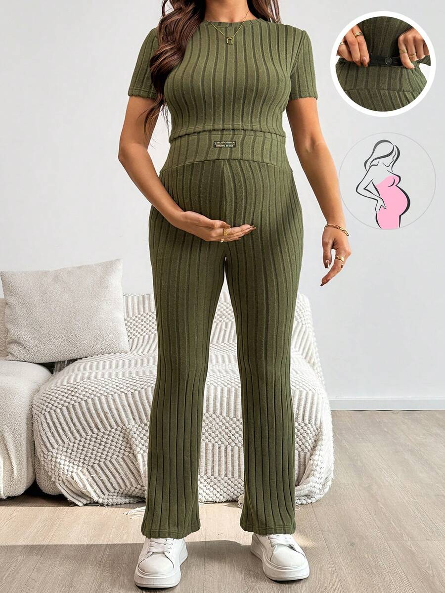 SHEIN 孕婦兩件式居家套裝,橄欖綠羅紋圓領短袖上衣與可調腰圍長褲,日常休閒時尚夏季孕婦服飾 - 軍綠色 - 查看 1