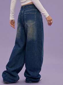 COUREZ 低腰宽松牛仔裤，浅蓝色水洗，街头休闲，Y2K风格，休闲音乐节风格，棉质牛仔布，复古棉质 - 藏蓝色 - 查看 7