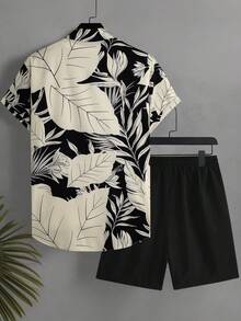 Manfinity RSRT Conjunto de playa de talla grande para hombre con top de manga corta con estampado de color contrastante y pantalones cortos de unicolor - Multicolor - Ver 3