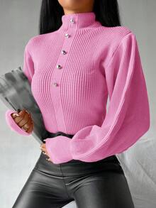 EURMUSE Women's Solid Color Turtleneck Long Sleeve Button Design Sweater, Autumn/Winter - Pink - View 4