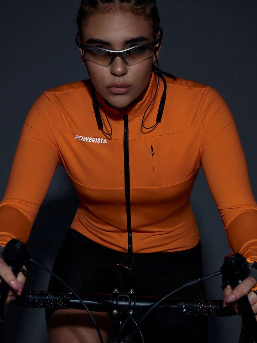 Powerista 女士荧光橙色拉链立领拼接口袋修身骑行服 - 橘色 - 查看 1