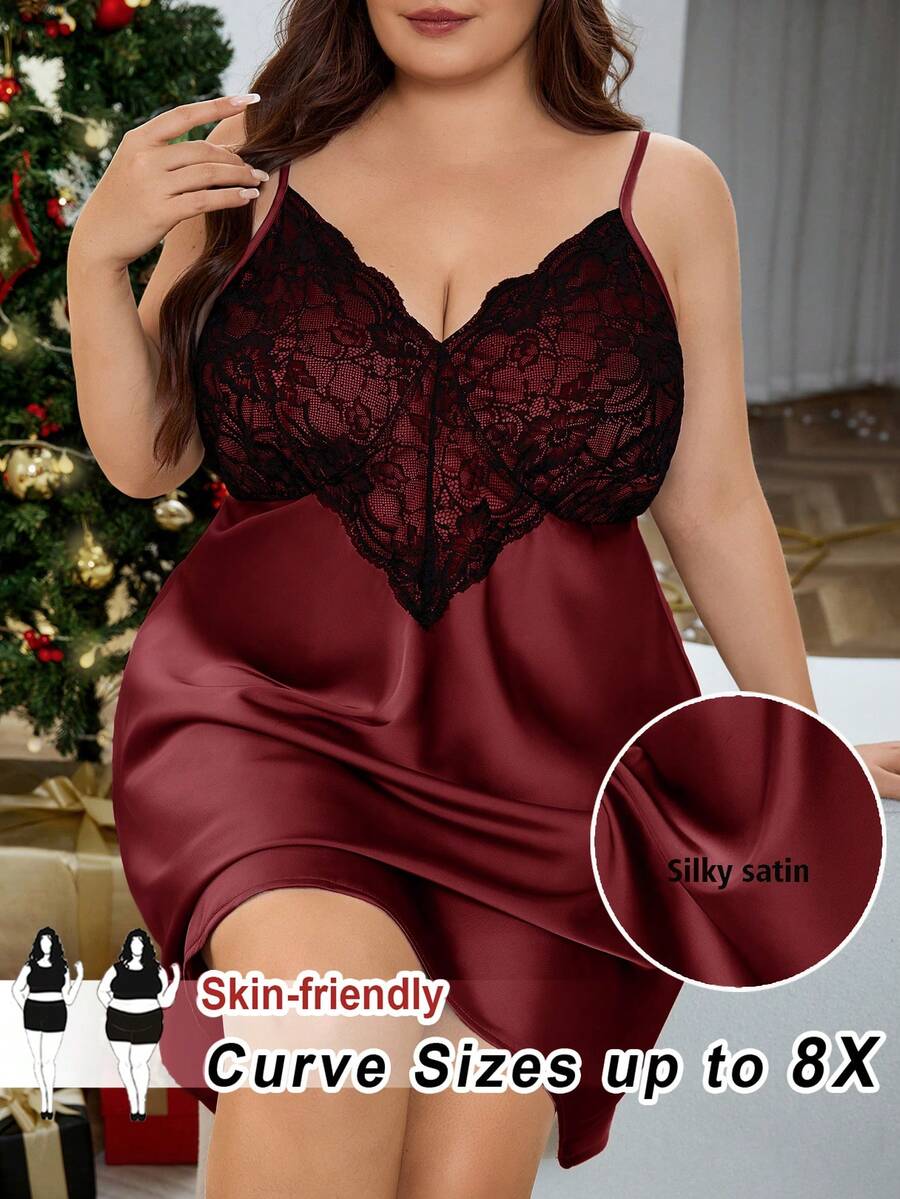SHEIN CURVE+ 大码女式蕾丝拼接腰部镂空性感吊带睡裙 - 酒紅色 - 查看 1