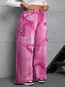 Dripcurv Quần jeans nữ cỡ lớn kiểu đường phố ống rộng với họa tiết ngôi sao, màu xanh dương, quần cargo nữ cho mùa tựu trường, trang phục ngày Quốc khánh 4 tháng 7. - Hồng - Xem 4
