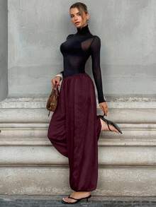 Siren Gaze Quần nữ dáng rộng, màu trơn, cạp chun, kiểu dáng thường ngày - Màu Tím - Xem 3