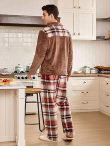 CoupledUp Contrast Plaid Flannel Casual Loose Men's Pajama Set - Brown - View 2