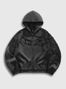 ROMWE MEN Men's Graphic Print Casual Zip-Up Long Sleeve Hooded Sweatshirt - Dark Grey - View 3